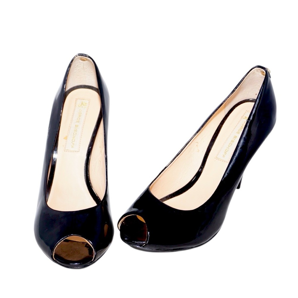 Jorge Bischoff Black Patent Leather Peep Toe Pumps, Size 34